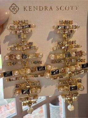 Kendra Scott Gold Pearl & Multi-Color Crystal Chandelier Earrings